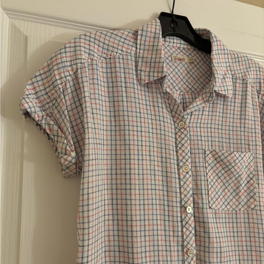 FAHERTY Linen Plaid Red and White Short Sleeved Button Down - Picture 3 of 11